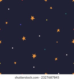 Seamless pattern, stars on night sky. Endless background design. Repeating starry print for kid wallpaper, textile, fabric, wrapping. Printable repeatable texture. Flat vector illustration for decor