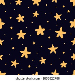 Patrón sin foco con estrellas de fondo morado. Impresión vectorial espacial. Afiche astronómico.
