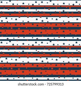 Seamless pattern with stars on stripes in blue, red and white colors stylized to the American flag