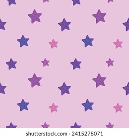 Patrón sin foco con estrellas de fondo rosado tierno. Estrellas vectoriales adornadas para papel de envoltura de regalo, tela, ropa, textil, texturas superficiales, cuaderno de rayas.