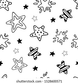 Seamless pattern with stars on a white background. Hand made vector illustration for holiday design, background, pattern, backdrop, wallpaper, wrapper, packaging.