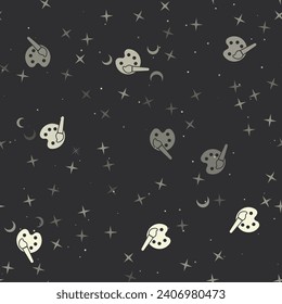 Seamless pattern with stars, palette symbols on black background. Night sky. Vector illustration on black background