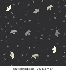 Seamless pattern with stars, paper boat symbols on black background. Night sky. Vector illustration on black background
