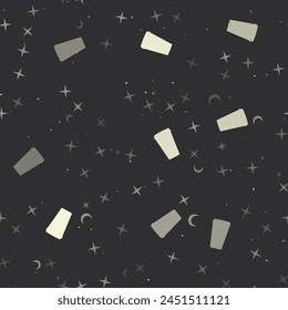 Seamless pattern with stars, paper coffee cups on black background. Night sky. Vector illustration on black background