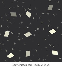 Nahtloses Muster mit Sternen, Parallelogramm-Symbole auf schwarzem Hintergrund. Nachthimmel. Vektorgrafik auf schwarzem Hintergrund