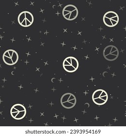 Seamless pattern with stars, peace symbols on black background. Night sky. Vector illustration on black background