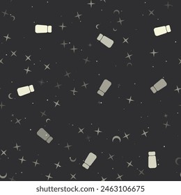Nahtloses Muster mit Sternen, Pfefferstreuer-Symbole auf schwarzem Hintergrund. Der Nachthimmel. Vektorillustration auf schwarzem Hintergrund
