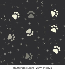 Seamless pattern with stars, pet symbols on black background. Night sky. Vector illustration on black background