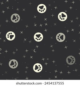Seamless pattern with stars, pet symbols on black background. Night sky. Vector illustration on black background