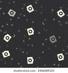 Seamless pattern with stars, photo camera symbols on black background. Night sky. Vector illustration on black background