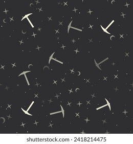 Seamless pattern with stars, pickaxe symbols on black background. Night sky. Vector illustration on black background