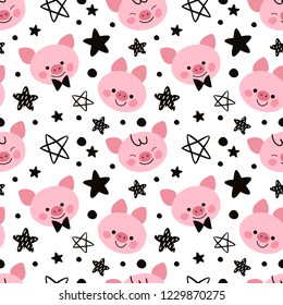 Seamless pattern with stars and piglets