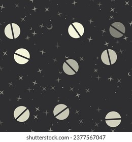 Seamless pattern with stars, pill symbols on black background. Night sky. Vector illustration on black background