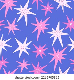 patrón impecable con estrellas. estrellas rosas en un fondo azul. diseño vectorial para tela, papel y más.