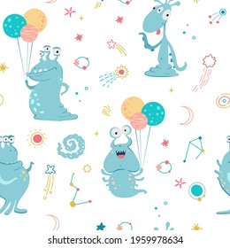 Seamless pattern with stars, planets and aliens.