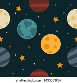 Seamless pattern with stars and planets. Cartoon childrens background. Vector illustration.