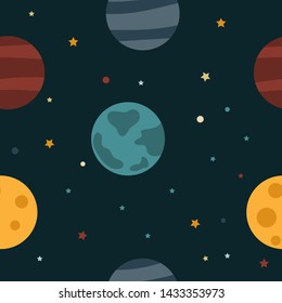 Seamless pattern with stars and planets. Cartoon childrens background. 