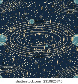 Seamless pattern with stars and planets. Colorful simple pattern. Festive pattern with stars. Night sky background. Kids texture. Nursery prints for textile, apparel, wrapping paper