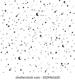 Seamless pattern of stars, planets and comets. Outer space vector illustration. Black space elements isolated on white.