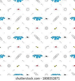 Seamless pattern with stars, planets, orbits, comets in black, blue, red and yellow colors on white background. Can be used for T-shirts, pajamas, fabrics, wallpapers, wrapping, backdrops, decoration.