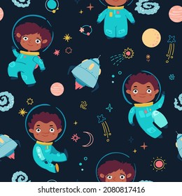 Seamless pattern with stars, planets ,rockets and cosmonauts.