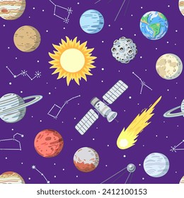 Seamless pattern with stars, planets and satellites in cosmos. Cartoon print with space elements, vector illustration.