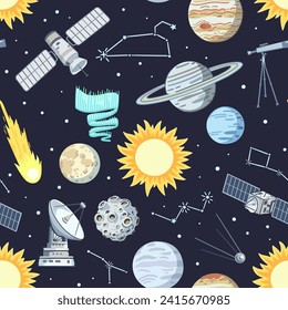 Nahtlose Muster mit Sternen, Planeten und Satelliten im Kosmos. Cartoon-Druck mit Raumelementen, Vektorgrafik.