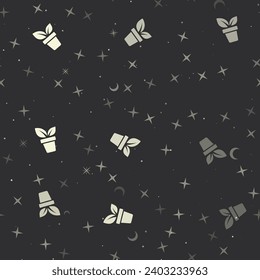Seamless pattern with stars, plant in pot symbols on black background. Night sky. Vector illustration on black background