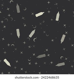 Seamless pattern with stars, plastic bottle symbols on black background. Night sky. Vector illustration on black background