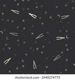 Seamless pattern with stars, pliers symbols on black background. Night sky. Vector illustration on black background
