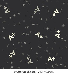 Patrón sin fisuras con estrellas, símbolos A plus sobre fondo negro. Cielo nocturno. Ilustración vectorial sobre fondo negro