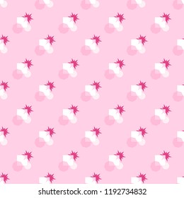 Seamless pattern of stars and polygon geometric shapes in pink and white colors on soft pink background - pastel color. Flat design vector illustration for wallpaper, gift wrap paper, tile print, etc.