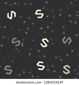 Seamless pattern with stars, polymer symbols on black background. Night sky. Vector illustration on black background