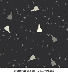 Seamless pattern with stars, princess symbols on black background. Night sky. Vector illustration on black background