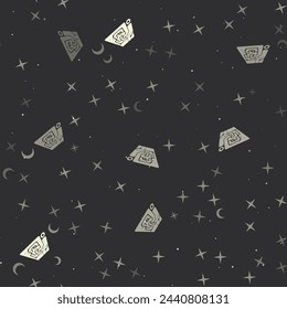 Seamless pattern with stars, printed circuit boards on black background. Night sky. Vector illustration on black background