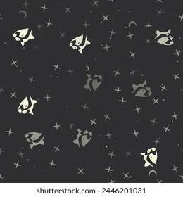 Seamless pattern with stars, raccoon head symbols on black background. Night sky. Vector illustration on black background