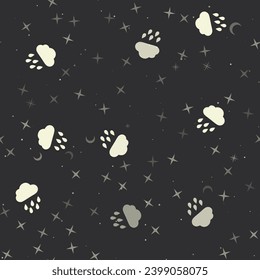 Seamless pattern with stars, rain symbols on black background. Night sky. Vector illustration on black background