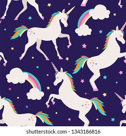 Seamless pattern with stars, rainbow,  clouds and unicorns on dark blue background. 