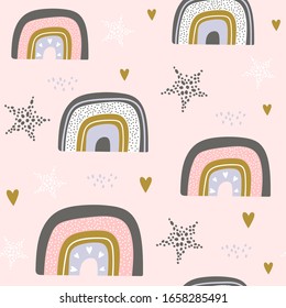 Seamless pattern with stars and rainbow in the sky.  Creative kids hand drawn texture for fabric, wrapping, textile, wallpaper, apparel. Vector illustration