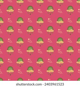 Seamless pattern with stars, rainbows and clouds. Cartoon doodle illustration.