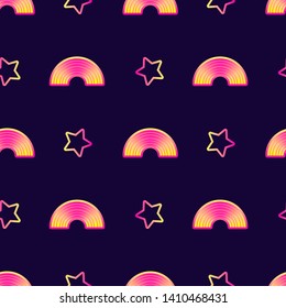 Seamless pattern with stars and rainbows. Night sky background. Cute, kawaii wallpaper.	