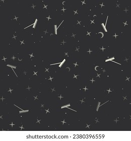 Seamless pattern with stars, rake symbols on black background. Night sky. Vector illustration on black background