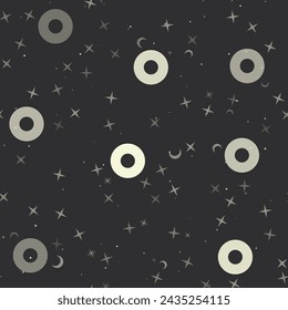 Seamless pattern with stars, record media symbols on black background. Night sky. Vector illustration on black background