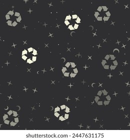 Seamless pattern with stars, recycling symbols on black background. Night sky. Vector illustration on black background