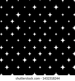 Seamless pattern stars. Repeating sparks shining, sparkling, glowing, twinkling. Texture for design with silhouette stars random size. Cosmic background. Starry pattern. Space dark backdrop. Night sky