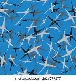Seamless pattern with stars resembling abstract figures of birds in various shades of gray on a blue background. Vector illustration for decorating your designs in an abstract style