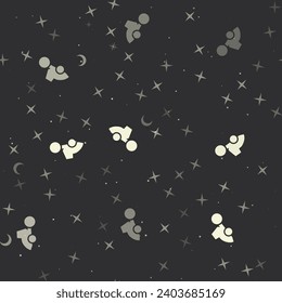 Seamless pattern with stars, road roller symbols on black background. Night sky. Vector illustration on black background