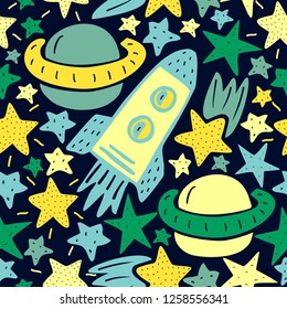 Seamless pattern with stars, rocket, planet in the space. Baby background