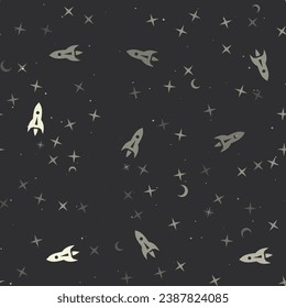Seamless pattern with stars, rockets on black background. Night sky. Vector illustration on black background