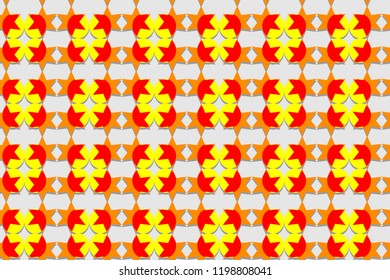 Seamless pattern of stars and round shapes in red, orange and yellow colors with shadow on gray background, paper art style. Flat design vector, EPS10, for wallpaper, gift wrapping paper, tile prints.